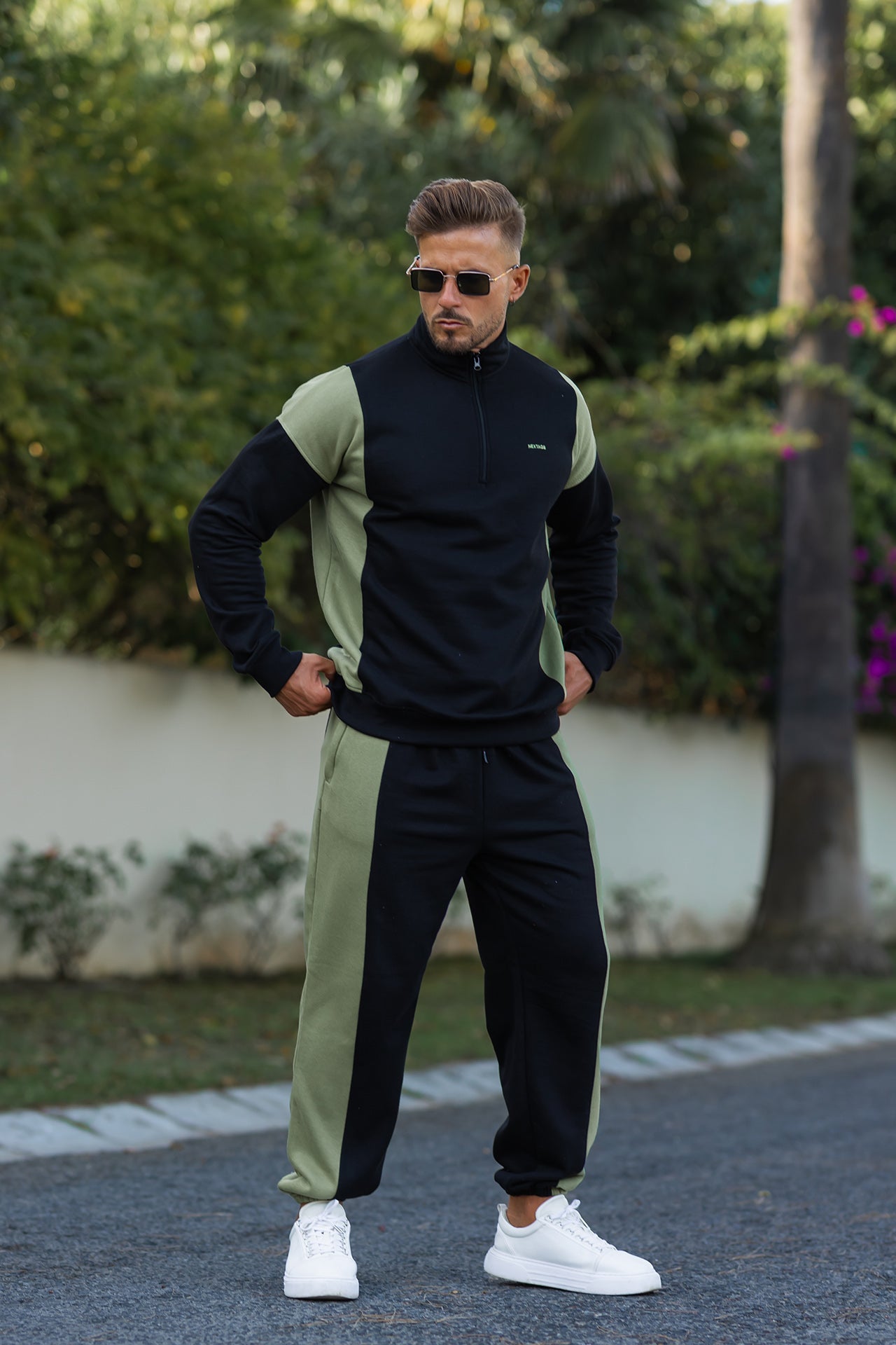 Men’s Nextage Black Khaki Panel Tracksuit showcasing modern streetwear design with a zip-up top and relaxed-fit trousers.