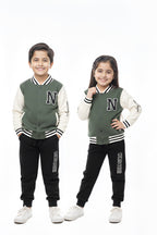 Two children wearing matching green varsity jackets with 'N' logos on a white background.