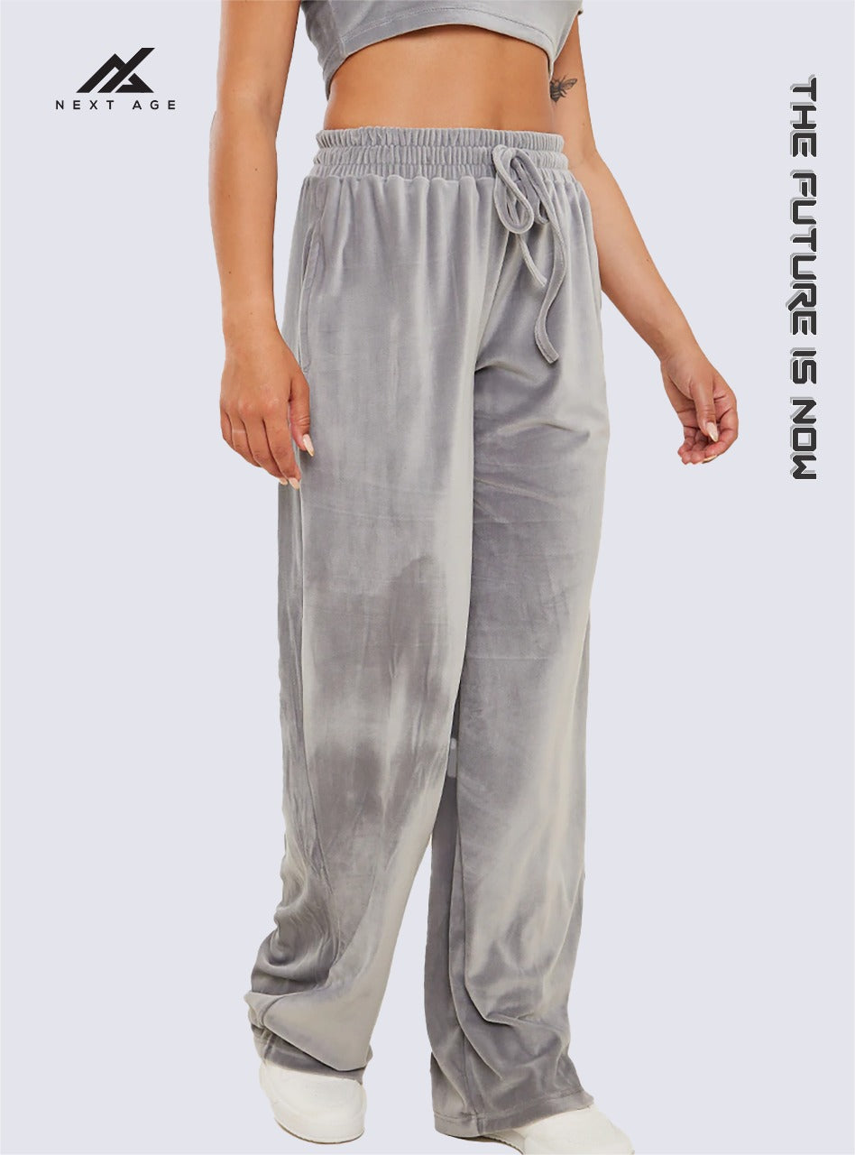 Grey Velour Cropped Tee & Wide Leg Jogger