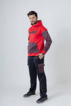 Close-up of Nextage signature red fleece hoodie with printed sleeves and logo