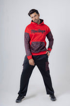 Close-up view of Nextage black fleece jogger with printed pocket detail and premium fabric