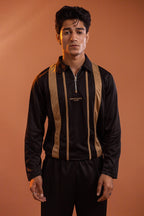 Nextage zip neck track top with bronze contrast stripe panels close up
